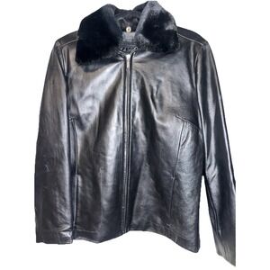 MASSIMO 100% LEATHER BIKER JACKET BLACK REMOVABLE LINING FUR COLLAR SIZE LARGE